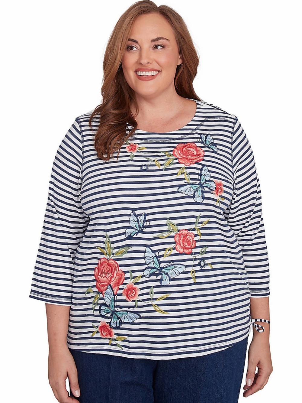 NWT Alfred Dunner Navy Striped 3/4 Sleeve Top Floral Butterfly Embroidery 2X